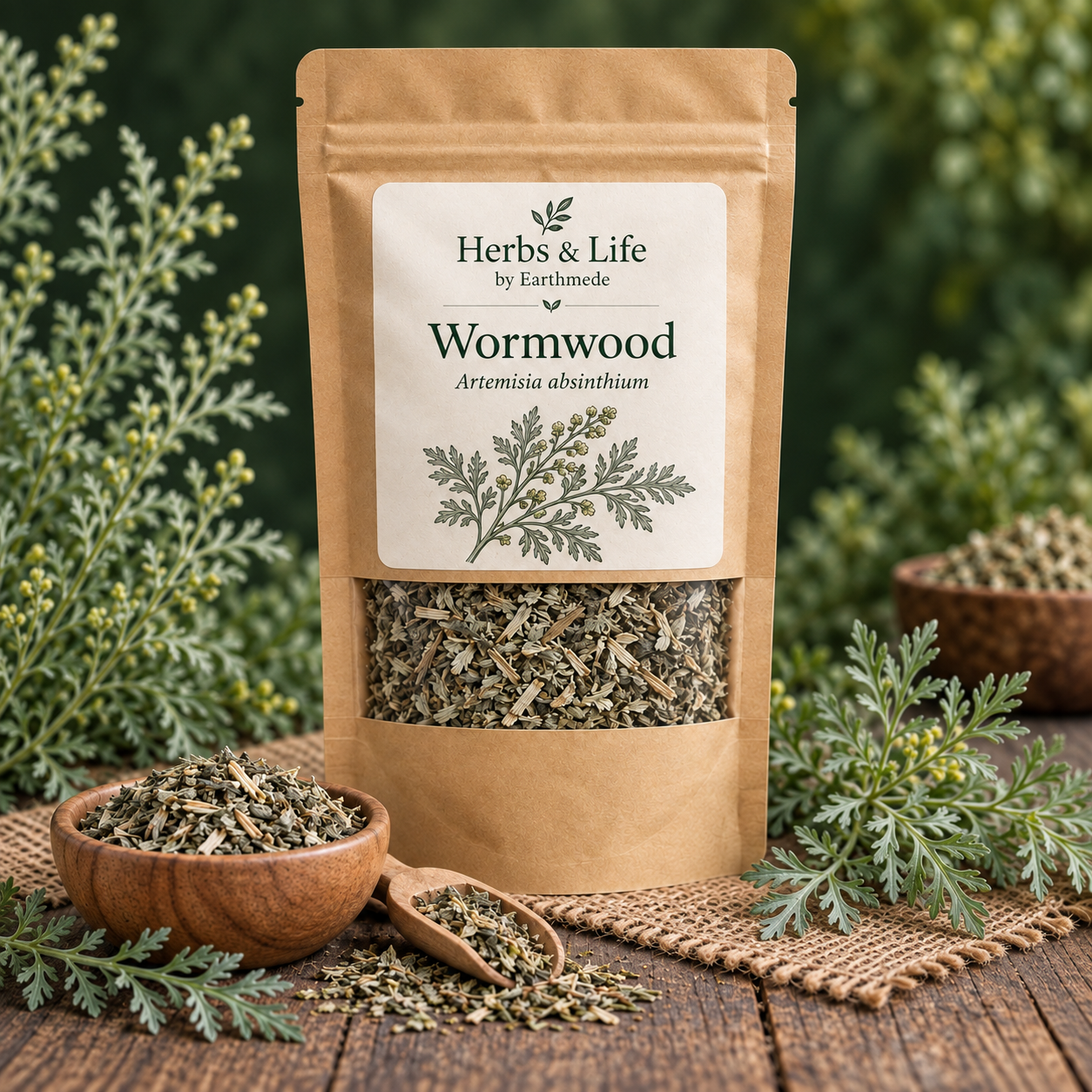 Herbs and Life Wormwood pouch with dried herb in a wooden bowl among fresh wormwood sprigs