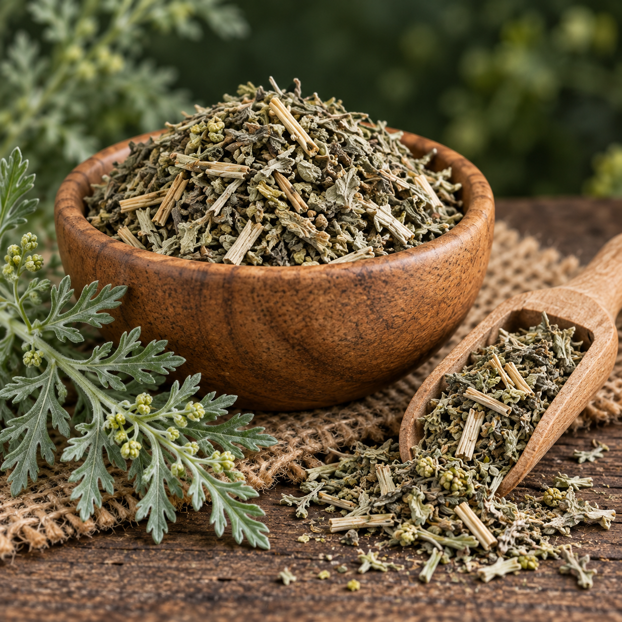 Dried wormwood in a wooden bowl with a scoop and fresh sprigs